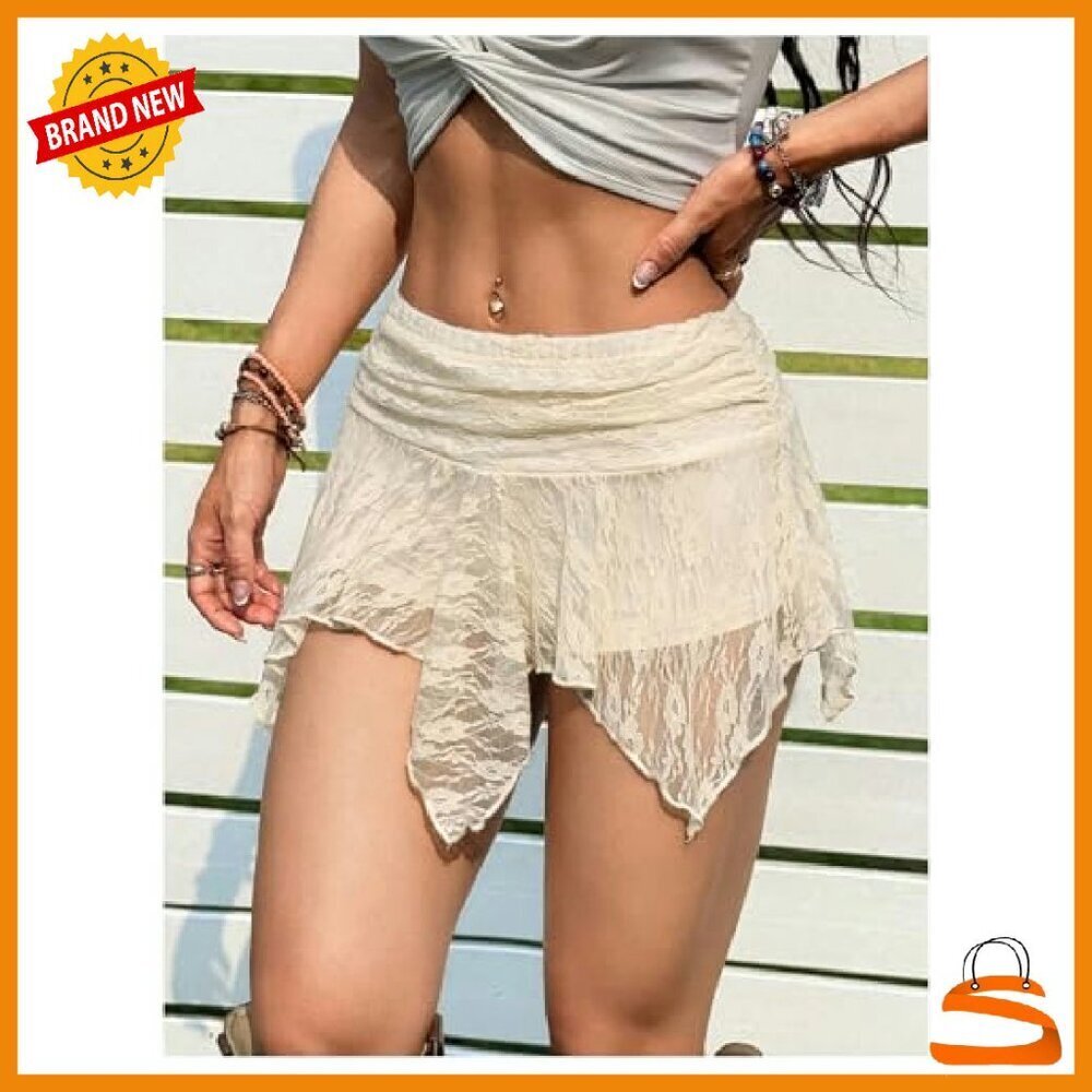 Floral Lace Mini Skirt Asymmetrical Ruched Ruffle Hem Y2K Festival - Picture 3 of 8
